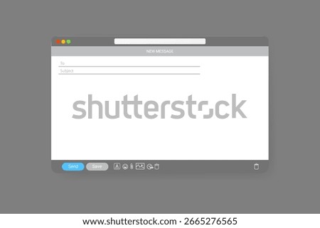 Email window template, new message blue interface mockup design. Computer desktop screen of mail isolated. Internet webpage illustration with icons. UI design template