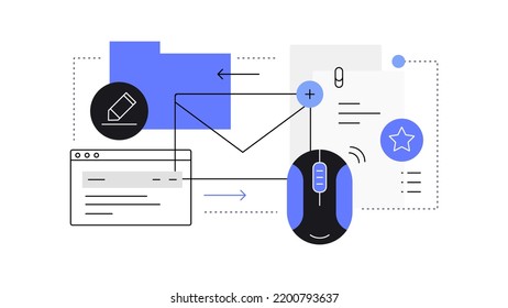 Escritura de correo electrónico y envío de archivos. Ilustración plana simple. Archivo vector.