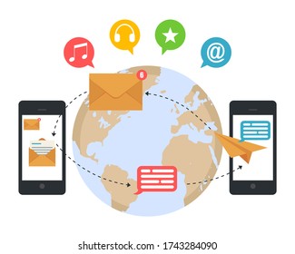 Emailing, chatting, sending message, mobile phone communication concept. Infographic. Social network, working process. Flat style