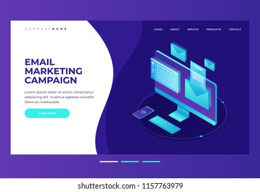 E-mailing Notification Concept.  Monitor With An Envelope And E-mail On Screen. Email Marketing. Design Template For Landing Page. Isometric Vector Illustration.