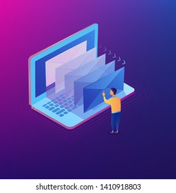 Emailing notification isometric concept. Isometric modern mail. Email marketing on the laptop screen. Vector illustration eps10