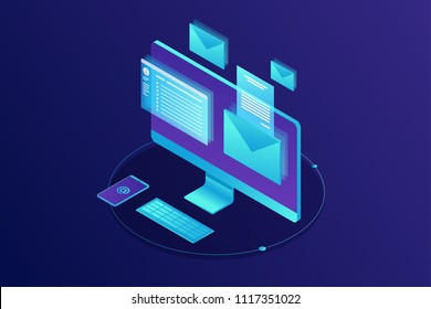 E-mailing notification isometric concept. The screen of the monitor with the image of the browser windows and the envelope with the message. Email marketing. Vector illustration.