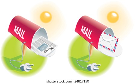 E-mail/Mail boxes with newspaper and envelope and power cords