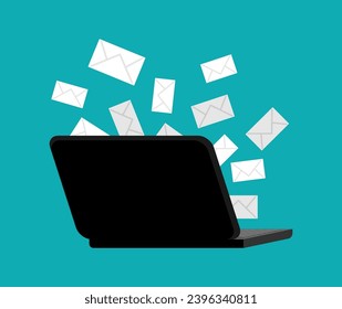 Emails and computer. Letters are flying out of the laptop. The concept of incoming email