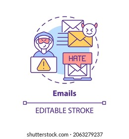 Emails concept icon. Cyberbullying channel idea thin line illustration. Sending rude texts and threats. Hacking into victim email. Vector isolated outline RGB color drawing. Editable stroke