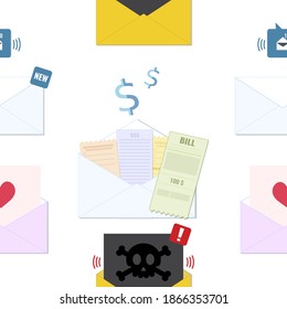 Emails of different accounts, love, spam, viral. On white background. Letters concept of the information world. vector seamless pattern background