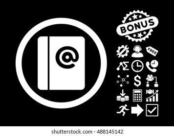 Emails icon with bonus clip art. Vector illustration style is flat iconic symbols, white color, black background.