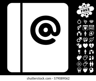 Emails icon with bonus dating icon set. Vector illustration style is flat iconic white symbols on black background.