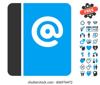 Emails icon with bonus lovely pictograms. Vector illustration style is flat iconic blue and gray symbols on white background.