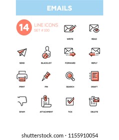 Emails - modern line design icons set. High quality black pictograms on white background. Write, read, send, blacklist, forward, reply, print, pin, search, draft, spam, attachment, tick, delete