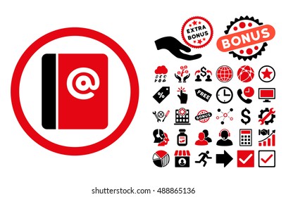Emails pictograph with bonus clip art. Vector illustration style is flat iconic bicolor symbols, intensive red and black colors, white background.