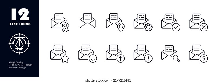 Emails set icon. Letter, envelope, winners badge, pointer, send location, gear, tick, cross, upload, download, magnifier, message, dollar, important, exclamation mark. Vector line icon for Business.