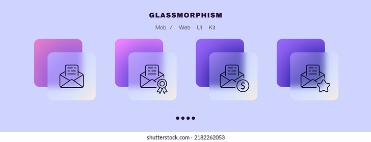 E-Mails setzen Symbol. Brief, Briefumschlag, Management, Website-Buttons, Preisband, Dollar-Zeichen, Stern, wichtig, Finanzbericht. Geschäftskonzept. Brillmorphismus-Stil. Vektorliniensymbol für Business.