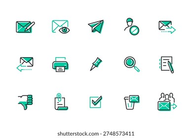 Emails - set of line design style icons. Business communication idea. Writing, reading, sending, deleting messages. Reply, forward, print, pin, tick, letter with attachment, spam, search, draft