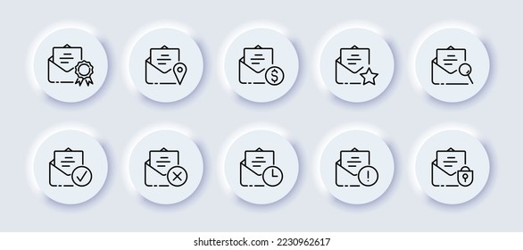 Emails with website buttons set icon. Medal, award, send location, dollar, star, magnifier, check mark, cross, download, exclamation point, lock. Business concept. Neomorphism style. Vector line icon