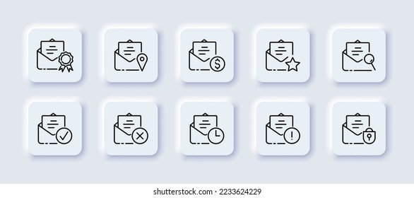 Emails with website buttons set icon. Medal, award, send location, dollar, star, magnifier, check mark, cross, download, exclamation point, lock. Business concept. Neomorphism style. Vector line icon