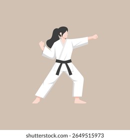atleta de karatê feminino realizando uma pose de artes marciais enquanto usa um gi branco e faixa preta. Adequado para promoções de artes marciais, educação esportiva, materiais de autodefesa, campanha de empoderamento das mulheres
