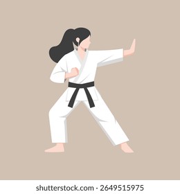 atleta de karatê feminino realizando uma pose de artes marciais enquanto usa um gi branco e faixa preta. Adequado para promoções de artes marciais, educação esportiva, materiais de autodefesa, campanha de empoderamento das mulheres
