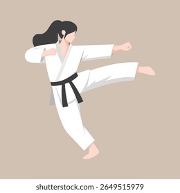 atleta de karatê feminino realizando uma pose de artes marciais enquanto usa um gi branco e faixa preta. Adequado para promoções de artes marciais, educação esportiva, materiais de autodefesa, campanha de empoderamento das mulheres
