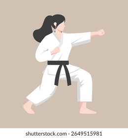 emale karate athlete performing a martial arts pose while wearing a white gi and black belt. Suitable for martial arts promotions, sports education, self-defense materials, women empowerment campaign
