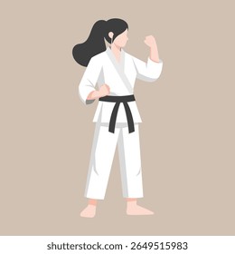 atleta de karatê feminino realizando uma pose de artes marciais enquanto usa um gi branco e faixa preta. Adequado para promoções de artes marciais, educação esportiva, materiais de autodefesa, campanha de empoderamento das mulheres
