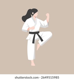 atleta de karatê feminino realizando uma pose de artes marciais enquanto usa um gi branco e faixa preta. Adequado para promoções de artes marciais, educação esportiva, materiais de autodefesa, campanha de empoderamento das mulheres
