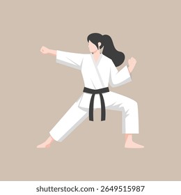 atleta de karatê feminino realizando uma pose de artes marciais enquanto usa um gi branco e faixa preta. Adequado para promoções de artes marciais, educação esportiva, materiais de autodefesa, campanha de empoderamento das mulheres
