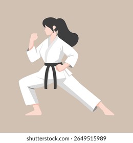 emale karate athlete performing a martial arts pose while wearing a white gi and black belt. Suitable for martial arts promotions, sports education, self-defense materials, women empowerment campaign
