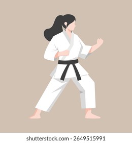 atleta de karatê feminino realizando uma pose de artes marciais enquanto usa um gi branco e faixa preta. Adequado para promoções de artes marciais, educação esportiva, materiais de autodefesa, campanha de empoderamento das mulheres
