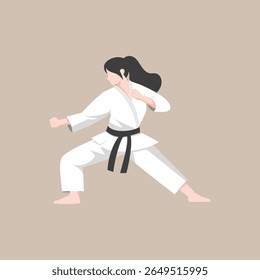atleta de karatê feminino realizando uma pose de artes marciais enquanto usa um gi branco e faixa preta. Adequado para promoções de artes marciais, educação esportiva, materiais de autodefesa, campanha de empoderamento das mulheres
