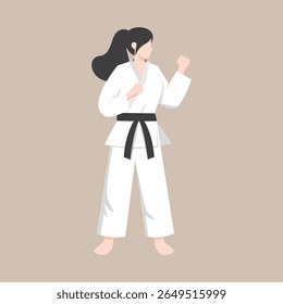 emale karate athlete performing a martial arts pose while wearing a white gi and black belt. Suitable for martial arts promotions, sports education, self-defense materials, women empowerment campaign
