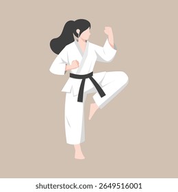 emale karate athlete performing a martial arts pose while wearing a white gi and black belt. Suitable for martial arts promotions, sports education, self-defense materials, women empowerment campaign
