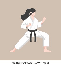 emale karate athlete performing a martial arts pose while wearing a white gi and black belt. Suitable for martial arts promotions, sports education, self-defense materials, women empowerment campaign
