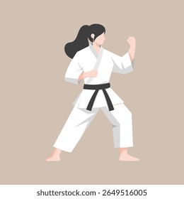 emale karate athlete performing a martial arts pose while wearing a white gi and black belt. Suitable for martial arts promotions, sports education, self-defense materials, women empowerment campaign
