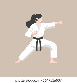 emale karate athlete performing a martial arts pose while wearing a white gi and black belt. Suitable for martial arts promotions, sports education, self-defense materials, women empowerment campaign
