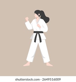 emale karate athlete performing a martial arts pose while wearing a white gi and black belt. Suitable for martial arts promotions, sports education, self-defense materials, women empowerment campaign

