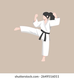 emale karate athlete performing a martial arts pose while wearing a white gi and black belt. Suitable for martial arts promotions, sports education, self-defense materials, women empowerment campaign
