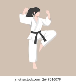 atleta de karatê feminino realizando uma pose de artes marciais enquanto usa um gi branco e faixa preta. Adequado para promoções de artes marciais, educação esportiva, materiais de autodefesa, campanha de empoderamento das mulheres
