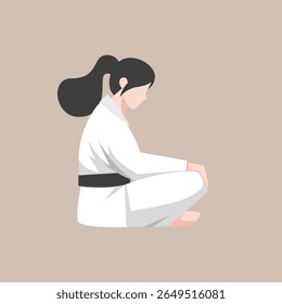 atleta de karatê feminino realizando uma pose de artes marciais enquanto usa um gi branco e faixa preta. Adequado para promoções de artes marciais, educação esportiva, materiais de autodefesa, campanha de empoderamento das mulheres
