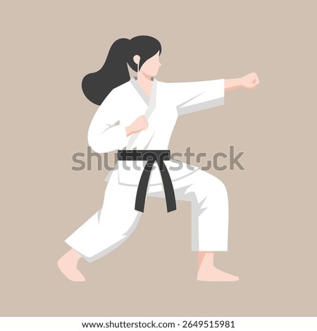 emale karate athlete performing a martial arts pose while wearing a white gi and black belt. Suitable for martial arts promotions, sports education, self-defense materials, women empowerment campaign
