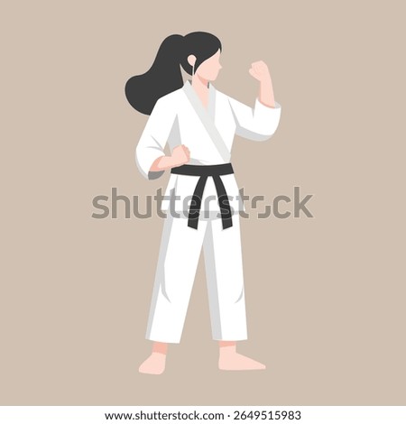 emale karate athlete performing a martial arts pose while wearing a white gi and black belt. Suitable for martial arts promotions, sports education, self-defense materials, women empowerment campaign
