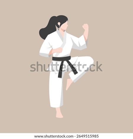emale karate athlete performing a martial arts pose while wearing a white gi and black belt. Suitable for martial arts promotions, sports education, self-defense materials, women empowerment campaign
