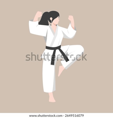 emale karate athlete performing a martial arts pose while wearing a white gi and black belt. Suitable for martial arts promotions, sports education, self-defense materials, women empowerment campaign
