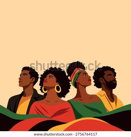 Emancipation Day, Juneteenth, June 19, African American Freedom Day, Independence Day. Men and women looking upward in color palette symbol liberation, equality, empowerment, unity. Vector banner, space for text