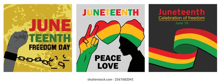 Emancipation Day. Peace, love, Juneteenth. African-American slavery liberation day. Juneteenth month concept. Set flat vector illustration.