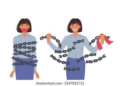 Emancipation woman breaking chains to free herself from oppression and discriminatory attitudes. Emancipation of girl who fell into slavery due to social injustice or family violence