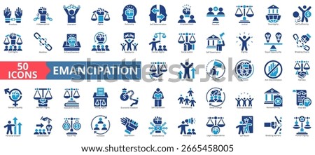 Emancipationicon set flat style collection. Containing freedom, independence, liberation, rights, autonomy, self determination, empowerment, equality, justice.
