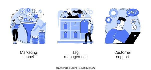 E-marketing abstract concept vector illustration set. Marketing funnel, tag management, customer support, product cycle, data collection, analytic software, online chat, help center abstract metaphor.