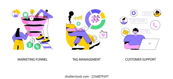 E-marketing Abstract Concept Vector Illustration Set. Marketing Funnel, Tag Management, Customer Support, Product Cycle, Data Collection, Analytic Software, Online Chat, Help Center Abstract Metaphor.