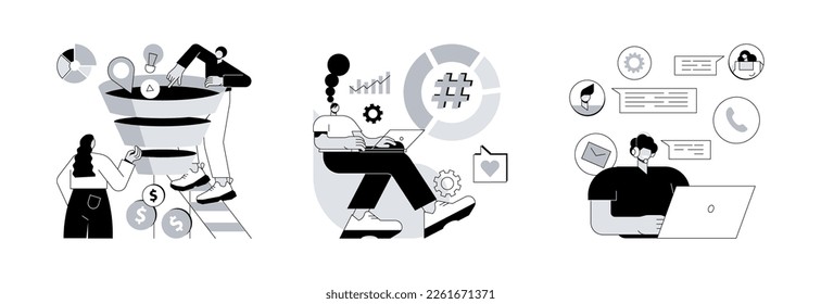 E-marketing abstract concept vector illustration set. Marketing funnel, tag management, customer support, product cycle, data collection, analytic software, online chat, help center abstract metaphor.
